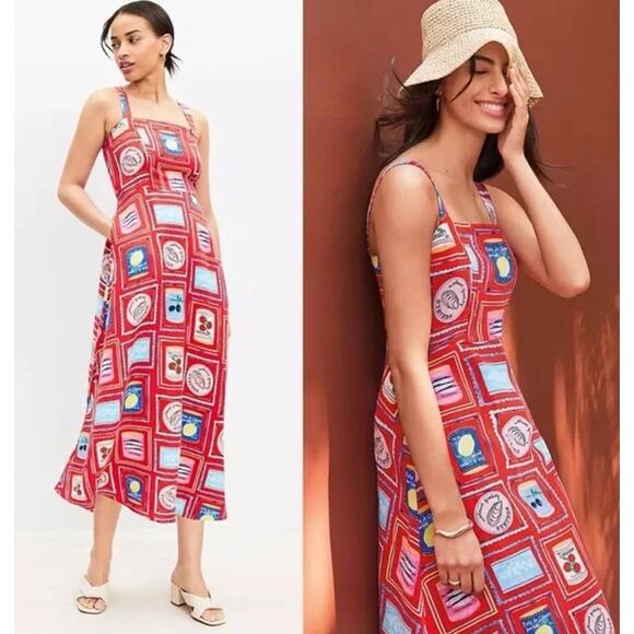 LOFT Can Print Linen Blend Strappy Midi Dress Square Neck Sleeveless Sundress - Picture 1 of 12